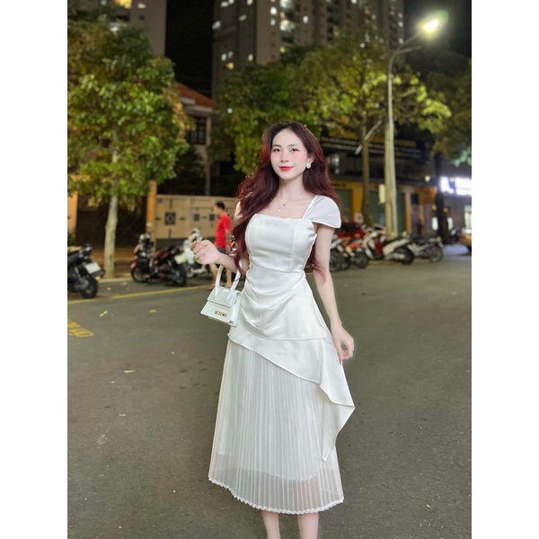 Set áo trắng cổ peter + chân váy midi dập ly
