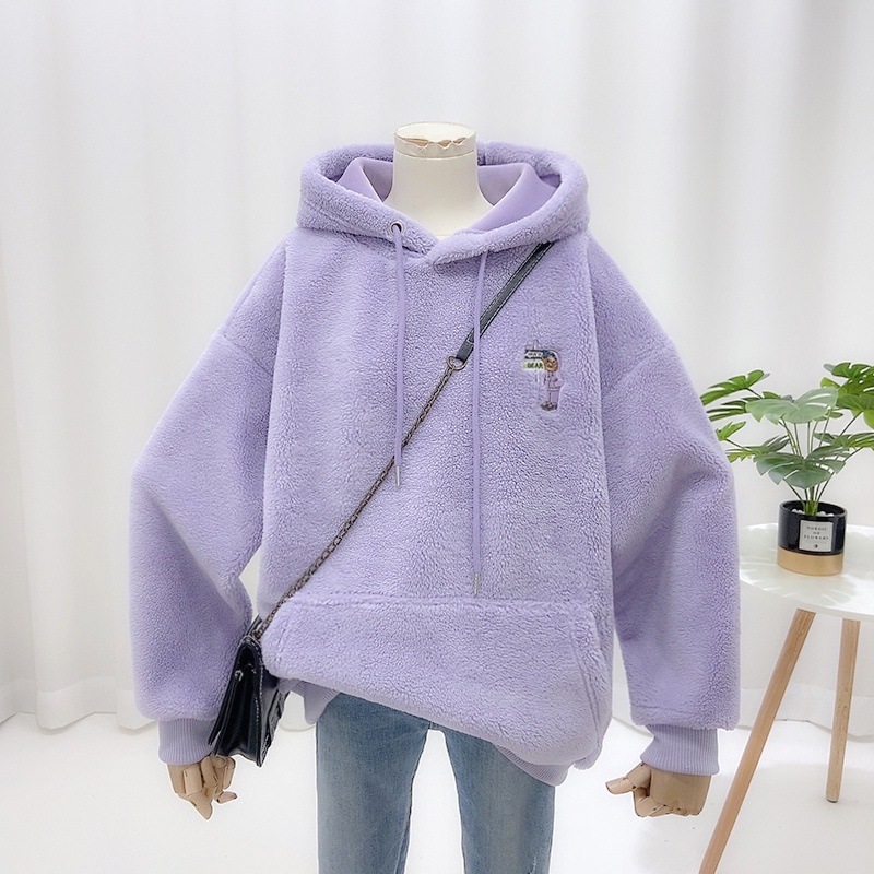 Áo Hoodie Len Lông Cừu Tay Dài Thêu Họa Tiết Hoạt Hình Phong Cách Hàn Quốc Thời Trang Mùa Thu