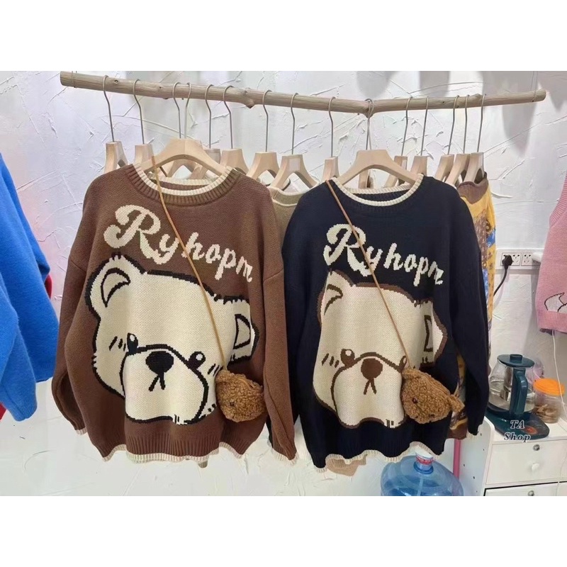 Áo len gấu kèm túi cute phô mai koe màu nâu tây sang chảnh