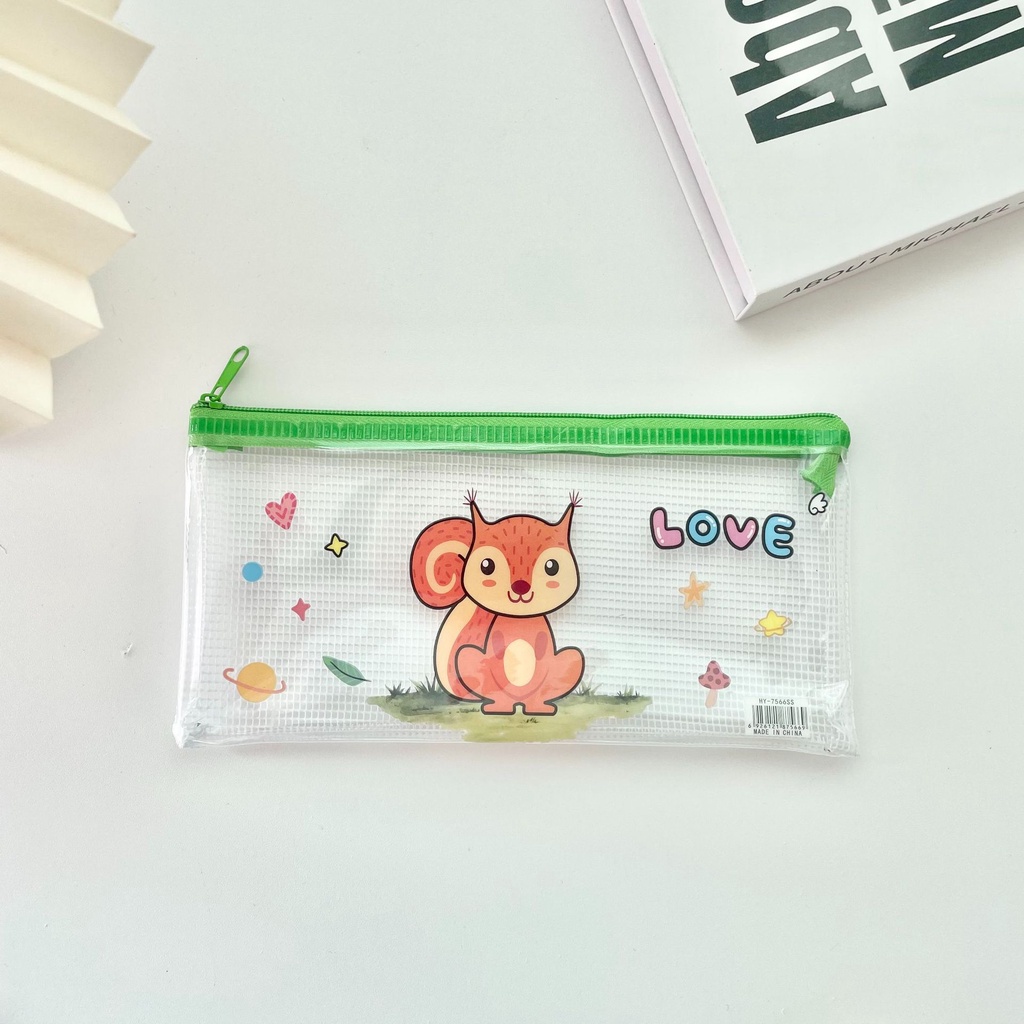 Túi lưới, hộp bút dây kéo lưu trữ tài liệu kích thước A6 họa tiết hoạt hình ngẫu nhiên