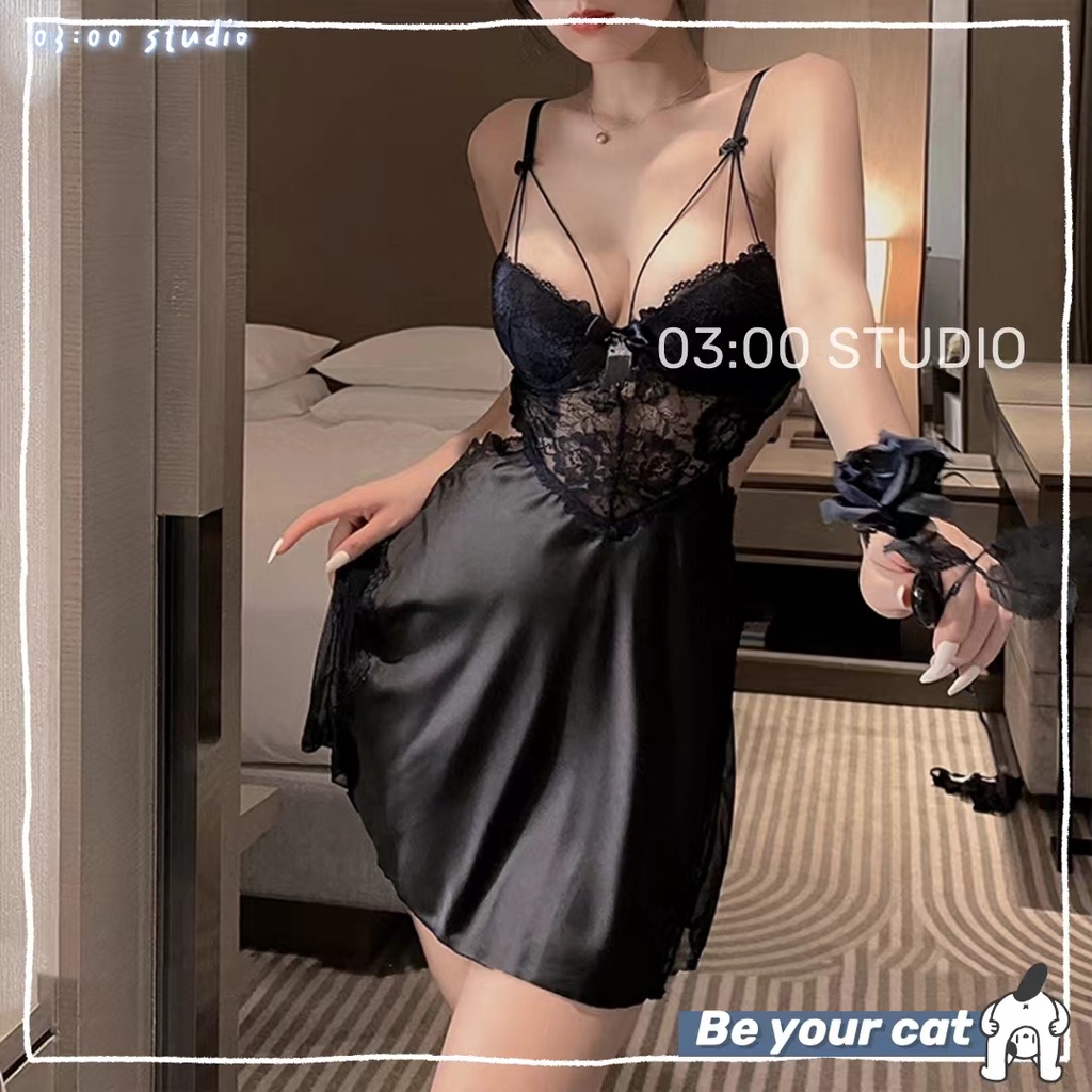 （Giao hàng bảo mật)🖤Váy ngủ sexy🖤Có mút+có gọng🖤gom ngực tạo khe🖤2 dây hở lưng đẹp phối ren body quyến rũ đen trắng--040 | BigBuy360 - bigbuy360.vn