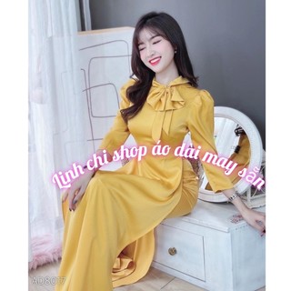 Free ship áo dài hoạ tiết  vàng lụa siêu mềm mượt