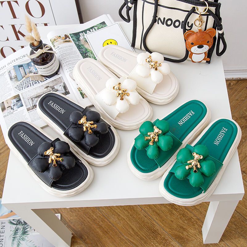 JY376-D1 HOA PHỐI GẤU NÂU Dép  nữ quai ngang dễ thương cực xinh  bánh mì   đế 5p nâng gót vintag cho nữ