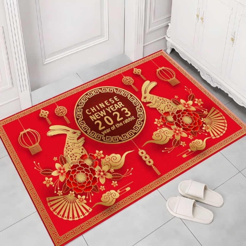 [Hàng Có Sẵn] 2023 Thảm Lót Sàn Hấp Thụ Nước Chống Trượt Hình Thỏ CNY Năm Mới Thảm lót sàn trang trí màu đỏ