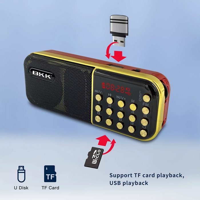 Máy nghe nhạc mini Cr865 A-100 CR-25A mini đa năng nghe pháp kinh phật đài FM - Loại 1 pin - thẻ nhớ - đèn pin -3W