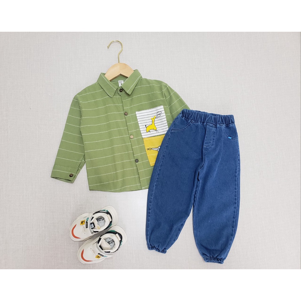 HÀNG QUẢNG CHÂU CAO CẤP Bộ sơ mi cho bé trai cực sành điệu, áo cotton thấm mồ hôi, quần jean mềm Hongvybaby