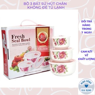 Bộ 3 bát sứ cao cấp, bộ 3 bát sứ có nắp đậy, bộ bát sứ có nắp đậy hút chân không cao cấp, dùng được lò vi sóng
