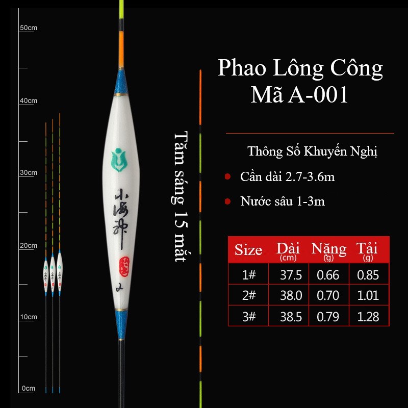 Phao Lông Công A-001 Dài 37-38cm Tải Chì Nhỏ 0.85g-1.28g Siêu Nhạy Câu Cá Nhát