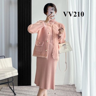 Váy bầu hồng,đầm bầu len hồng mùa đông tay dài phối áo khoác xinh, thời trang thu đông[ĐẦM BẦU THỎ]-VV210