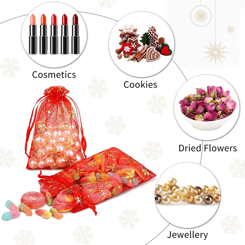 Bộ 10 Túi Dây Rút Bằng Lá Vàng / Bạc Họa Tiết Bông Tuyết Dùng Đựng Kẹo / Trang Sức / Quà Giáng Sinh