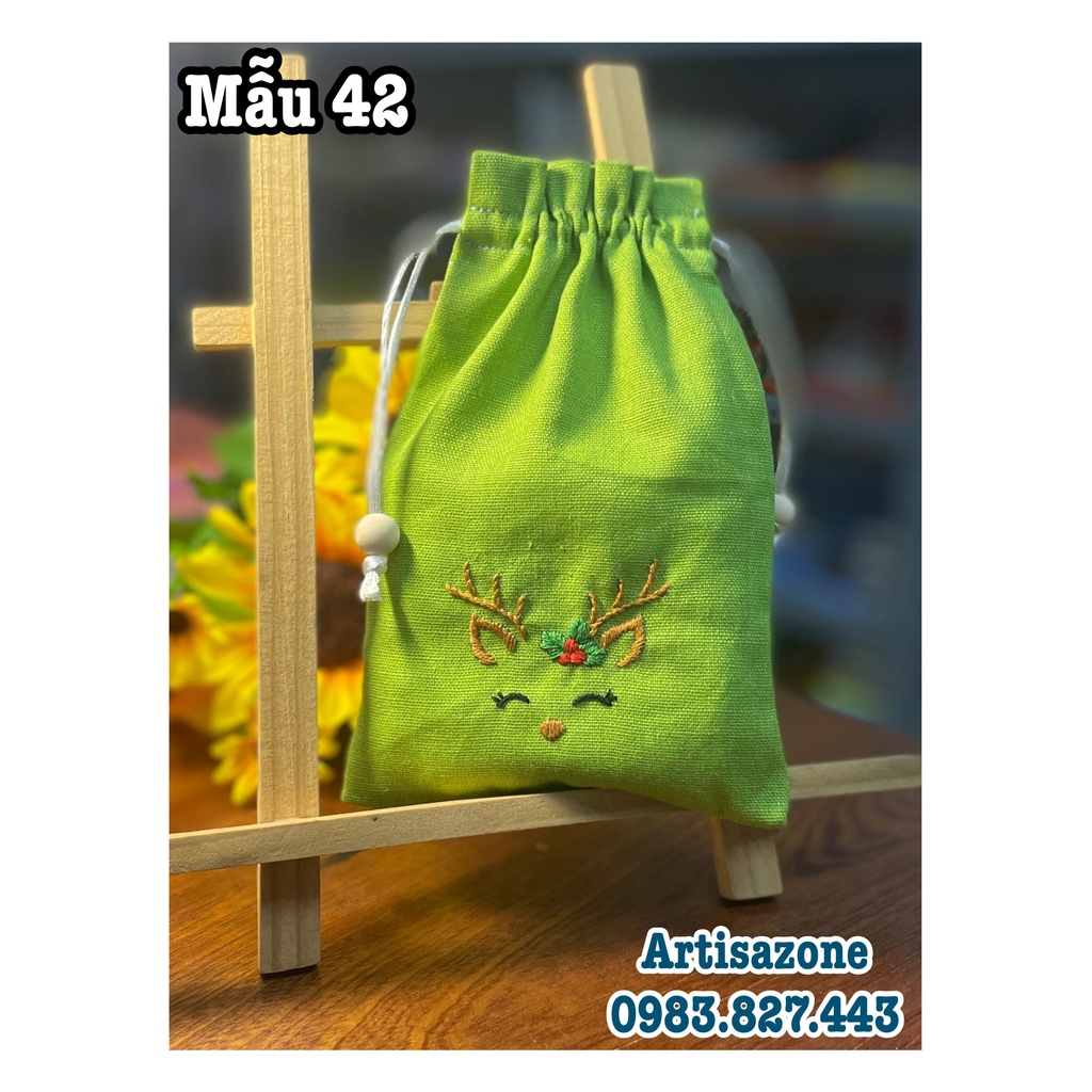 Túi vải thêu dây rút Noel, hình thú  - 01 chiếc -