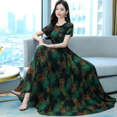 Đầm Tay Ngắn Cổ Tròn Dáng Dài Ôm Eo Thời Trang Mùa Hè Hàng Mới 2022