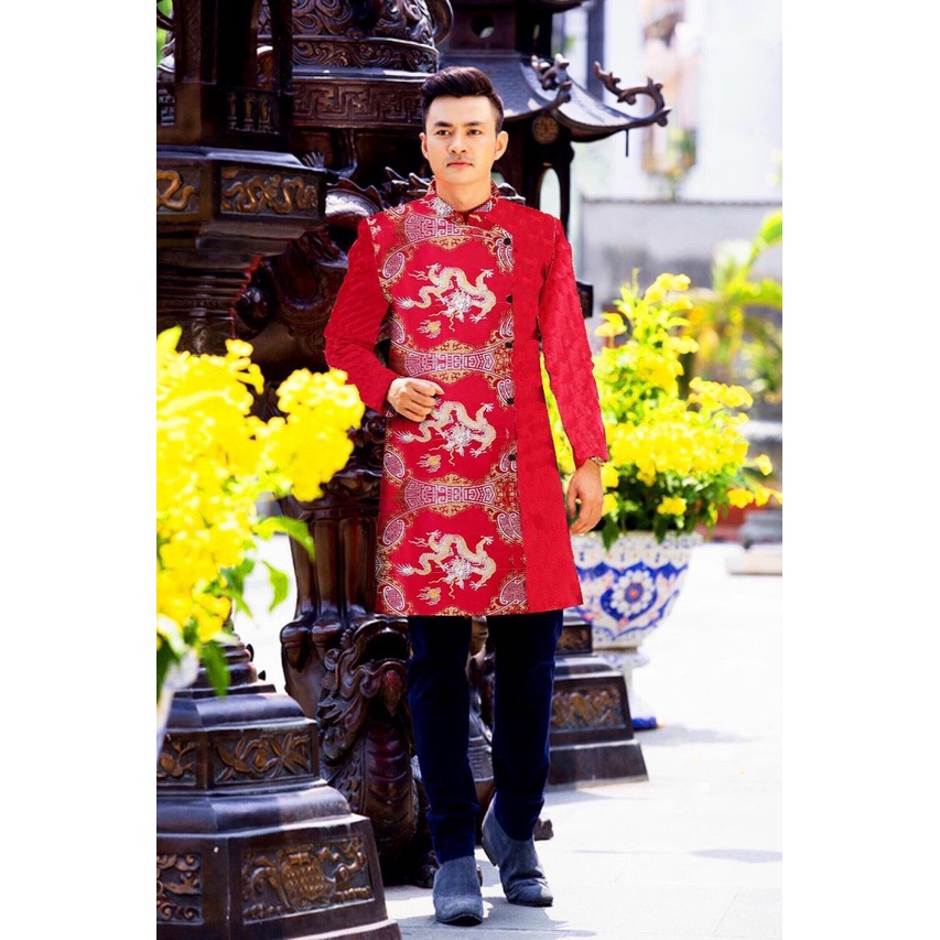 Gx 3- Áo Dài Nam GẤM  RỒNG KIM TUYẾN TAFFA CAO CẤP CỰC SANG
