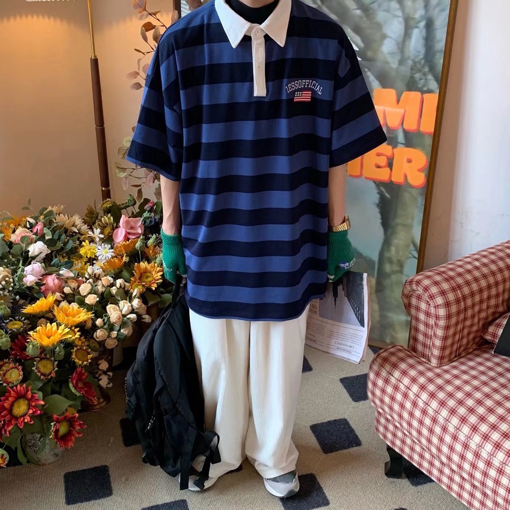 Áo polo Dáng Rộng Họa Tiết Kẻ Sọc Thời Trang Mùa Hè Cho Nam