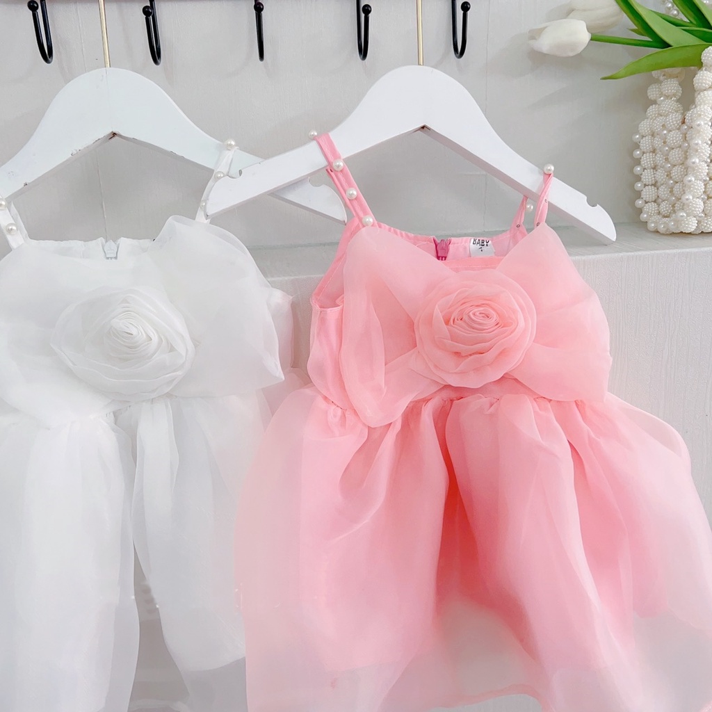 Váy công chúa cho bé gái kiểu 2 dây nơ to từ sơ sinh đến 3 tuổi