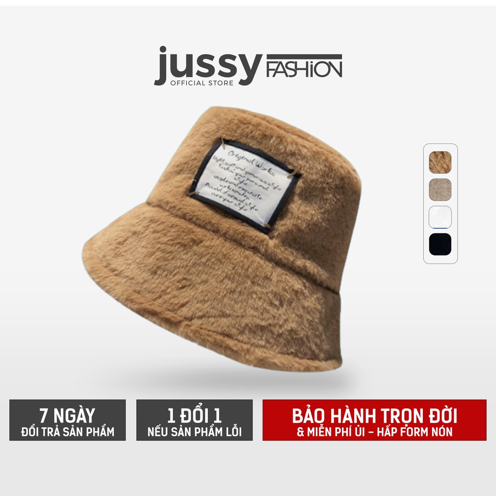 Mũ Bucket Len Lông Mịn Logo Tag Vuông Jussy Fashion Nón Tai Bèo Lông Cừu Hot Trend Chất Len Dày Giữ Ấm Đầu Nhiều Màu