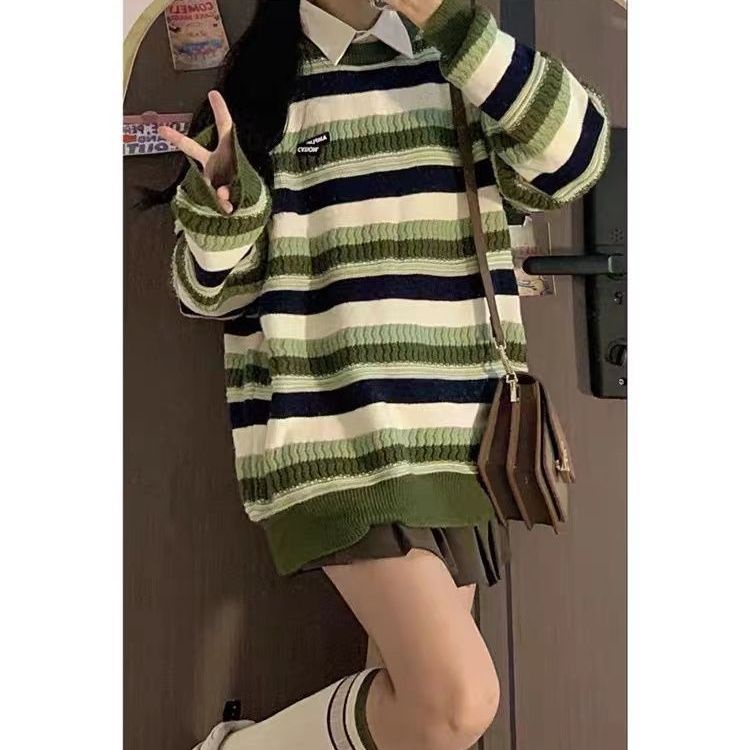✅Áo Sweater Dệt Kim Dáng Rộng Họa Tiết Kẻ Sọc Màu Xanh Lá Phong Cách Retro Mỹ Chất Lượng Cao Thời Trang Xuân Thu Cho Nữ
