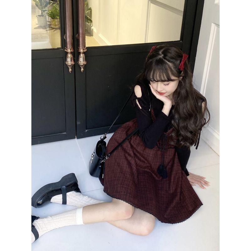 Jiashucheng Áo Thun Tay Dài Dáng Ôm Hở Vai Viền Nấm Viền Hở Vai Phong Cách Hàn Quốc