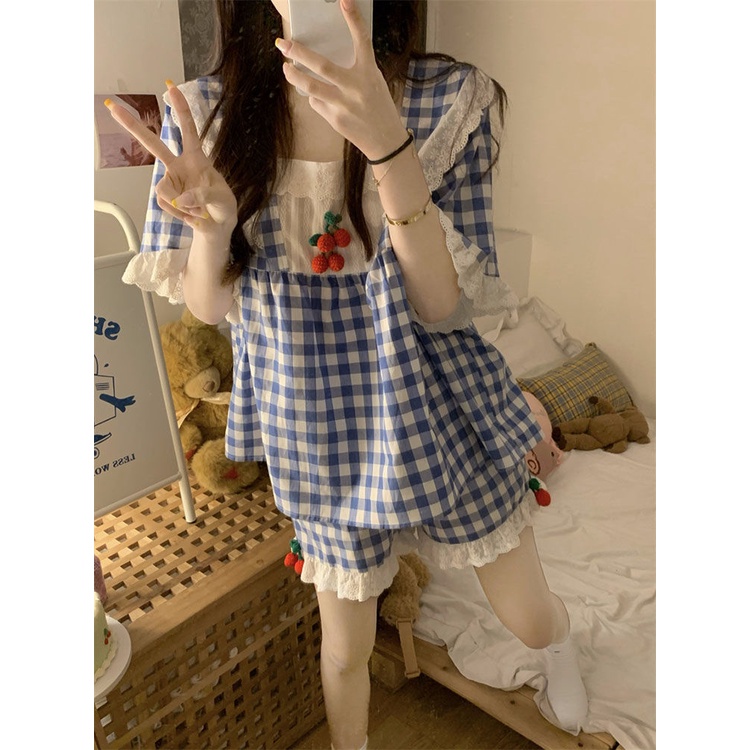 Bộ Đồ Ngủ Tay Ngắn Phối Ren Họa Tiết Cherry Dễ Thương Thời Trang Mùa Hè Cho Nữ