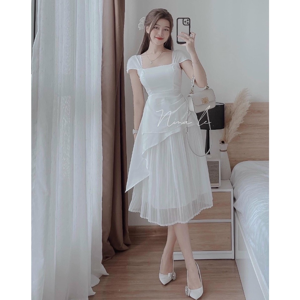 Sét Đồ Bộ Nữ Áo Bèo Vải Đũi Lụa  Kèm Chân Váy Voan Dập Ly  Thời Trang Kiểu Cách Đi Chơi