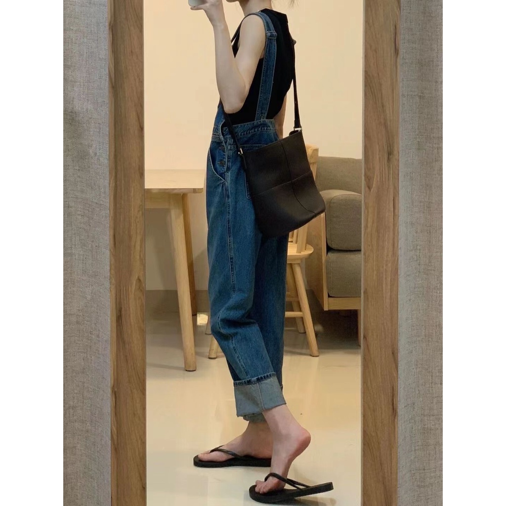 Quần yếm denim SELVZE dáng rộng phong cách đường phố Mỹ cổ điển