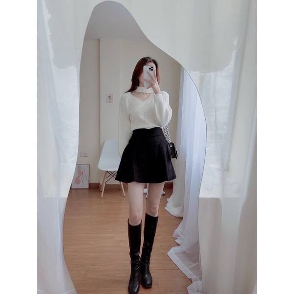 Áo len cổ choker hở vai hàng quảng châu siêu đẹp - Áo len tay bồng nữ
