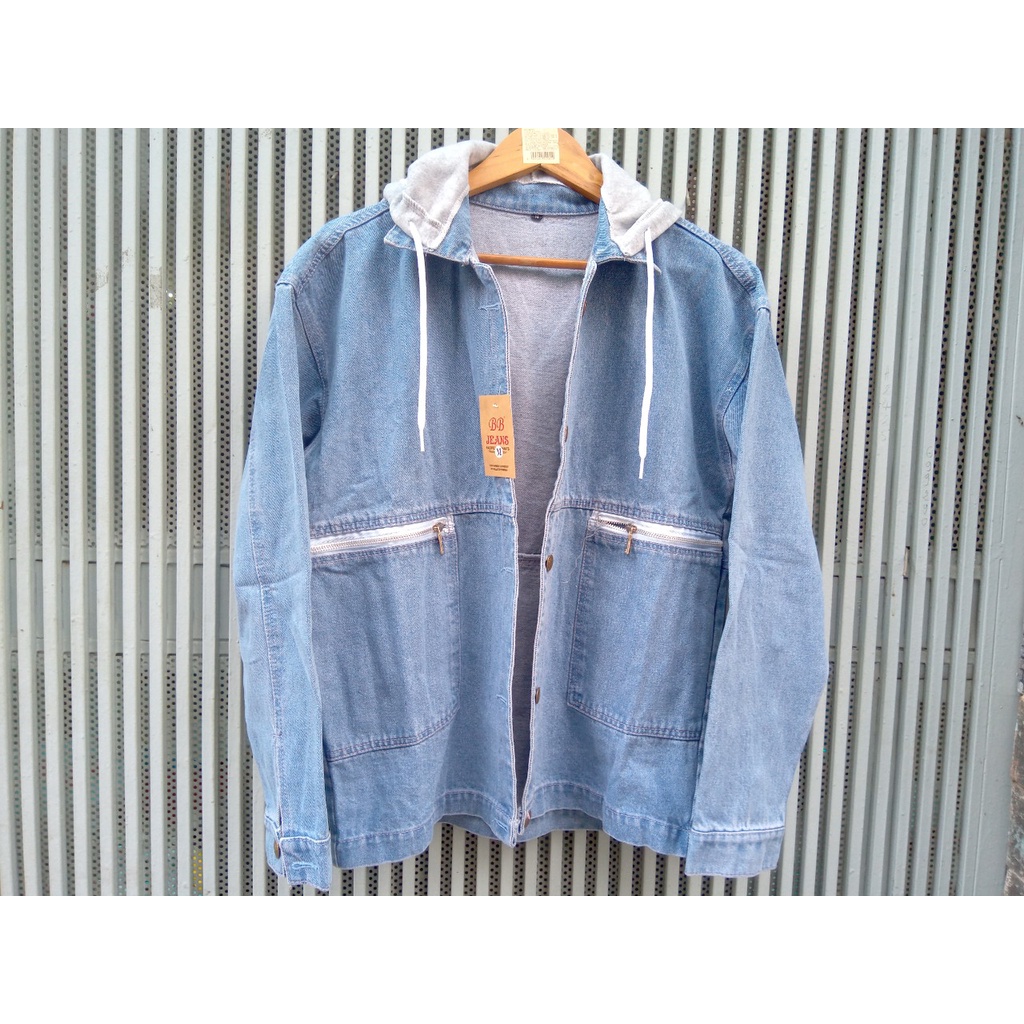 Áo khoác jean nam nữ có mũ nỉ - áo jean túi zip form rộng unisex nam nữ bận đẹp size 40-76kg