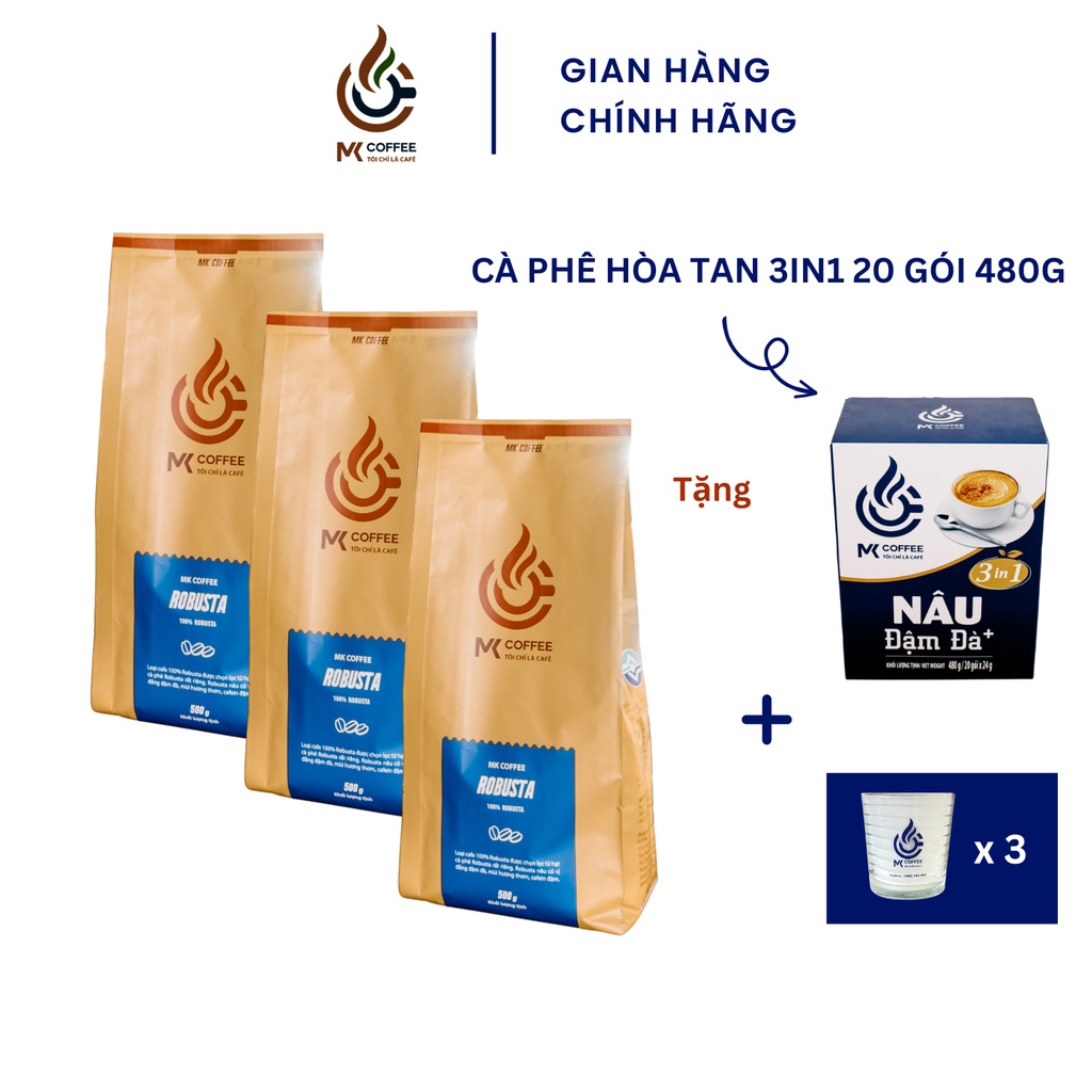 3 bịch Cà Phê Bột Truyền Thống Robusta MK Coffee 500g - Tặng 1 hộp cà phê sữa hòa tan 480g + 3 ly thủy tinh