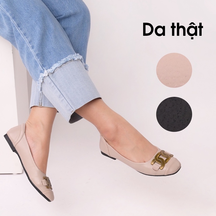 Giày búp bê nữ da thật mũi tròn đính đai kim loại sắc nét hàng VNXK - Kimy Store