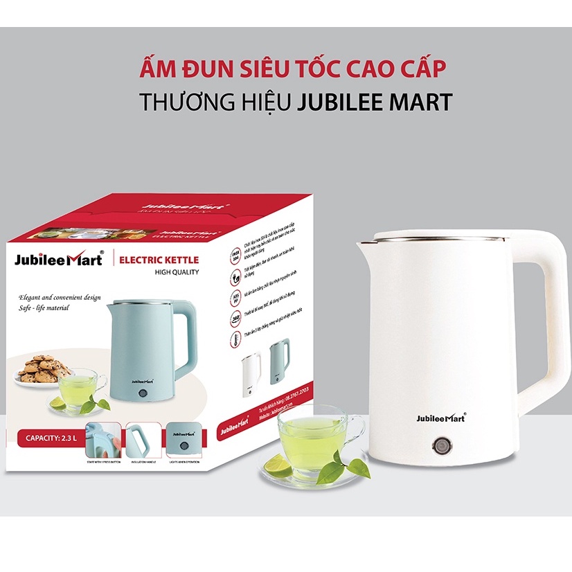 Ấm đun nước siêu tốc Jubilee Mart 3 lớp có tay cầm cách nhiệt đun nước nhanh sôi tiết kiệm thời gian