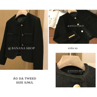 Áo dạ tweed áo nút vàng . Áo dạ dáng ngắn 2 màu đen trắng , áo dạ nữ
