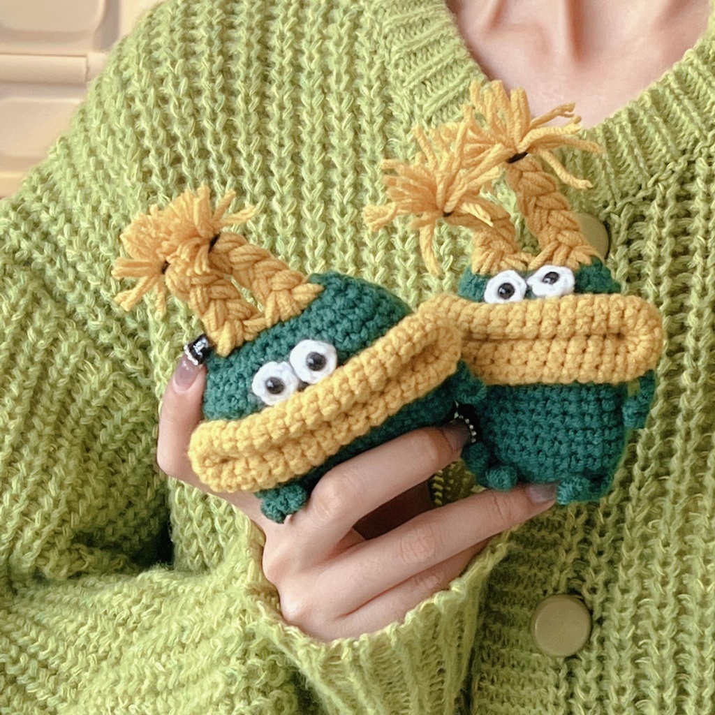 Vỏ Bảo Vệ Hộp Sạc Tai Nghe AirPods 1 2 3 2021 Bluetooth Không Dây Chất Liệu Tpu Mềm Đan Len Hình Quái Vật 3D Màu Xanh Lá