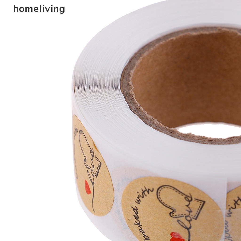 Cuộn 500 Miếng Dán Trang Trí Hình Tròn Bằng Giấy Kraft Tự Nhiên In Chữ Baked with Love