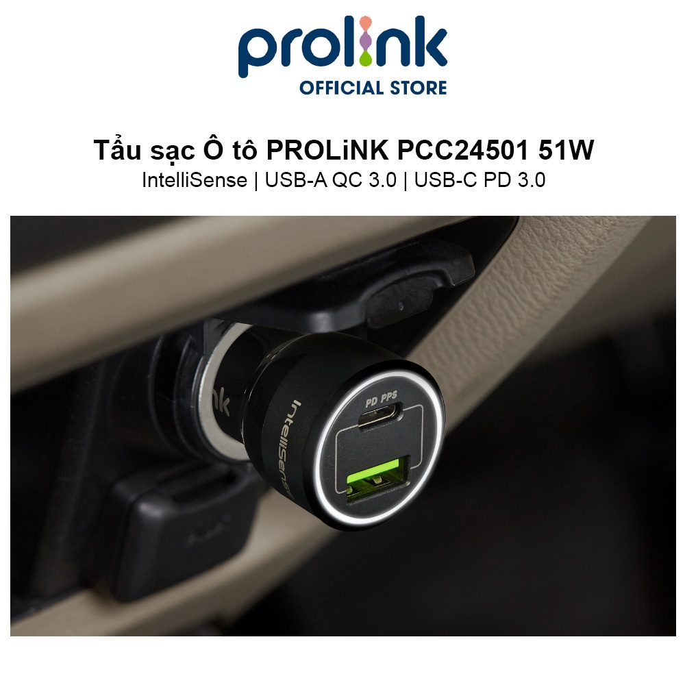 Tẩu sạc Ô tô PROLiNK PCC24501 51W 2 cổng USB-A QC 3.0 & USB-C PD 3.0 IntelliSense, sạc nhanh cho thiết bị di động