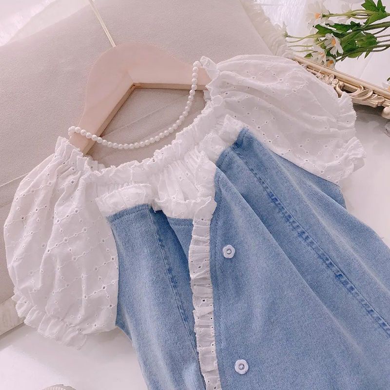 Đầm Denim Tay Ngắn Phồng Thời Trang Mới 2022 Dành Cho Bé Gái
