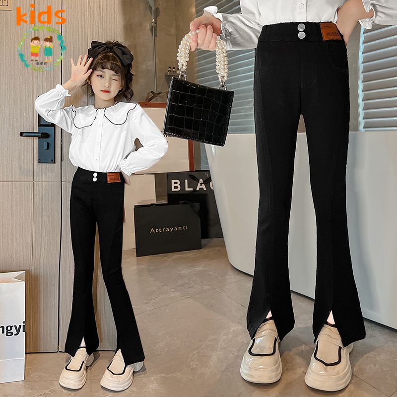 Quần Denim Ống Loe Xẻ Tà Màu Xanh Đen Thời Trang Xuân Thu Cho Bé Gái 3-5 - 8-10 - 12-13 - 14 Tuổi