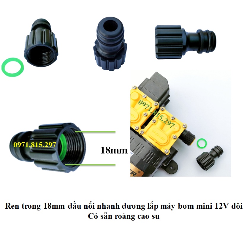 Cut chuyển, đầu chuyển ren trong 18mm sang nối nhanh Aquamate W-3091 dùng lắp cho máy bơm đôi 12V, tay bóp phun phân bón