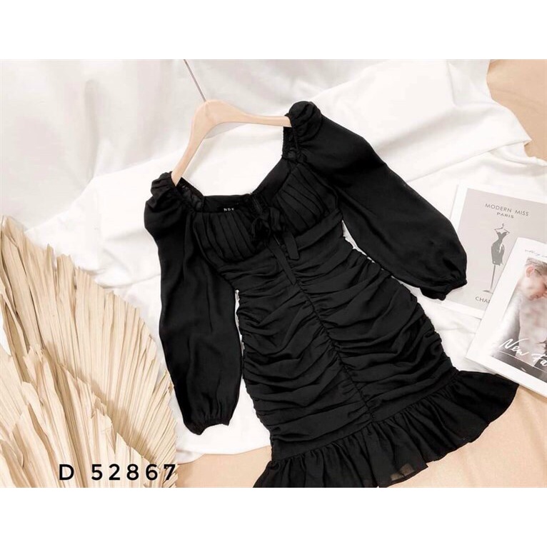 [11.11 Sale Freeship] Đầm tay dài bồng nhún ngực sexy phối bèo đuôi cá,đầm ôm body cột nơ ngực tông dáng quyến rũ mtb