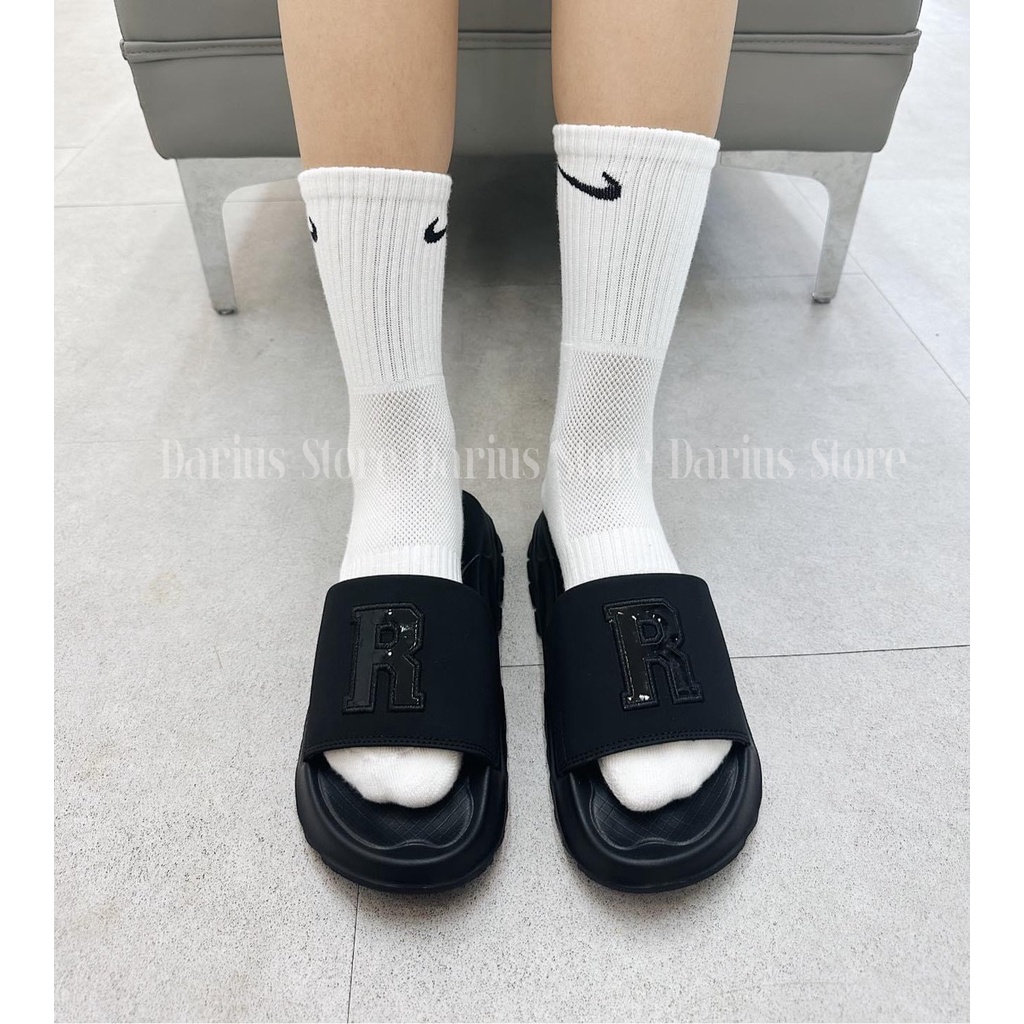 Dép Chữ R nam nữ quai ngang Logo thêu Unisex đế đúc bánh mì cao nhiều màu full tem mác - Màu R ĐEN