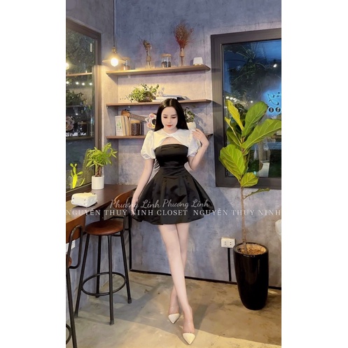 Váy tafta phối tay bồng khoét ngực