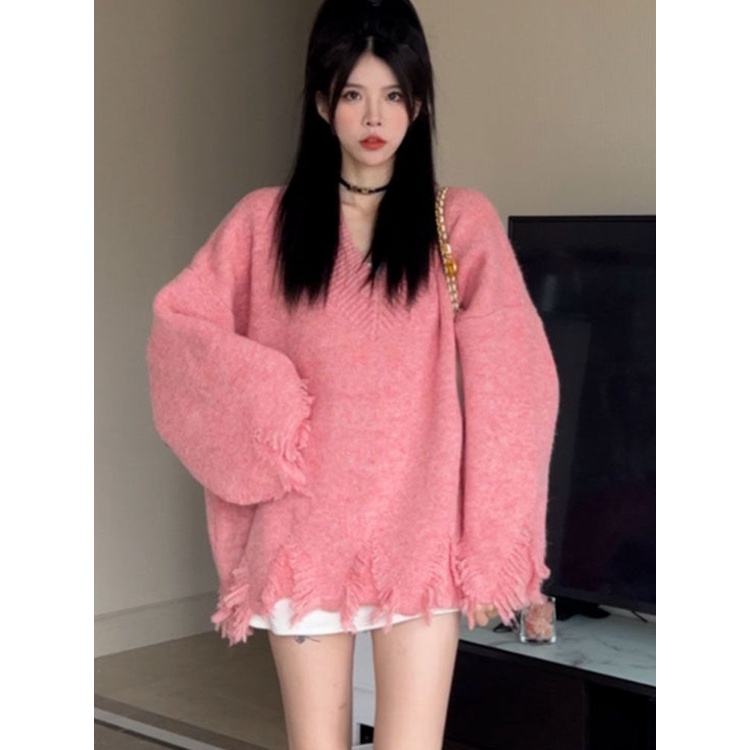 Jiashucheng Áo Sweater Dáng Rộng Cổ Chữ V Viền Tua Rua Phong Cách Retro Pháp Mùa Thu Đông Hàn Quốc Cho Nữ