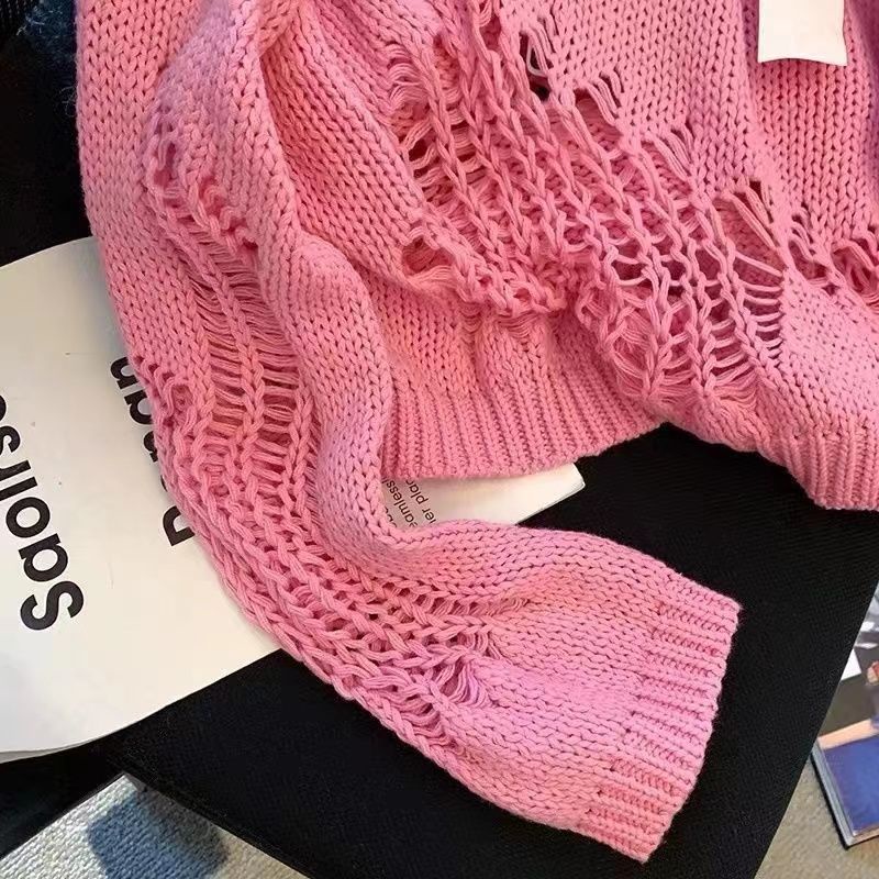 Jiashucheng Áo Sweater Dệt Kim Mỏng Tay Dài Dáng Rộng Khoét Lỗ Màu Hồng Thời Trang Mùa Thu Cho Nữ