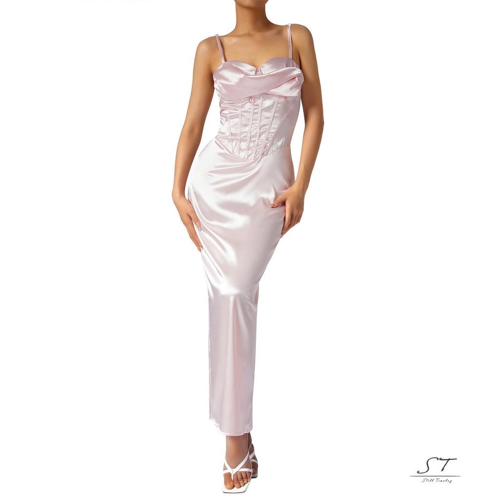 Đầm Dài Hai Dây Ôm Dáng Bằng Vải Satin Màu Sắc Trơn Dành Cho Nữ CY03