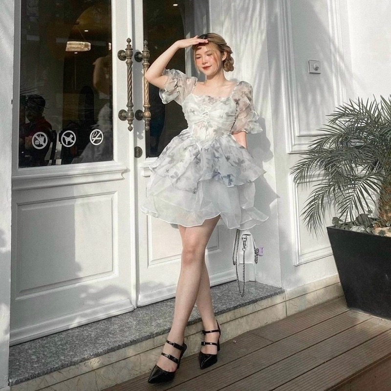 ĐẦM VOAN HOA ĐAN DÂY NGỰC TAY PHỒNG