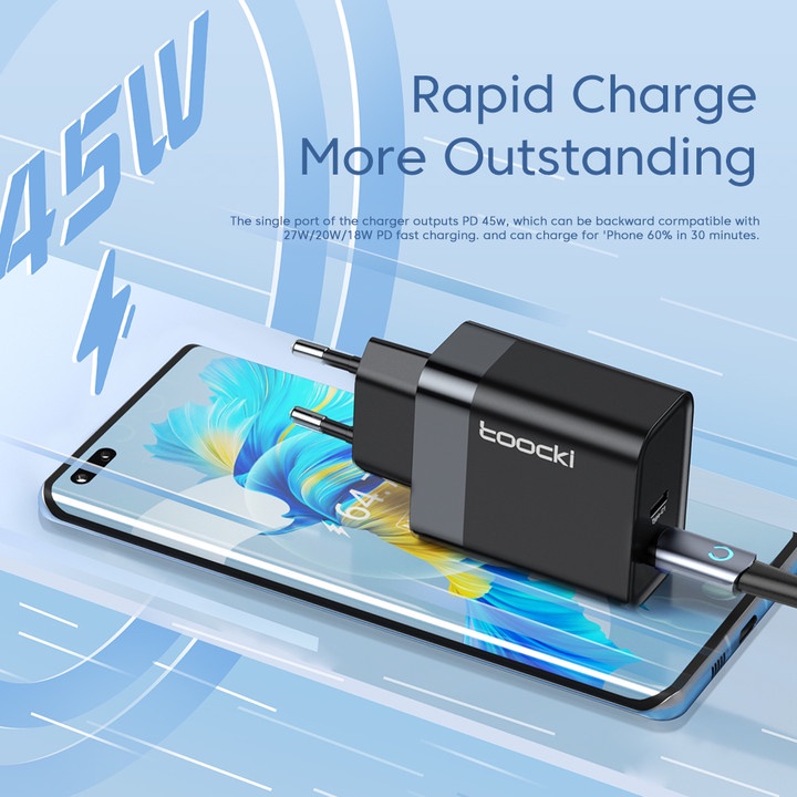 Củ sạc nhanh TOOCKI hai cổng USB C 45W PD QC3.0 Type C giắc cắm EU/ Dây cáp sạc dành cho điện thoại