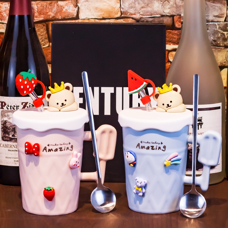 Cốc Uống Nước Bằng Sứ Có Nắp Đậy Và Muỗng Họa Tiết Hoạt Hình Dễ Thương