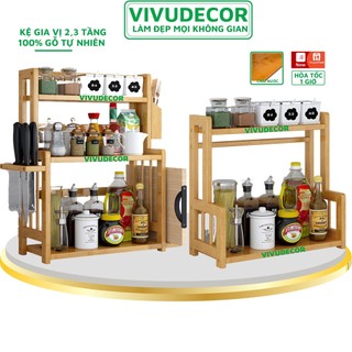 Kệ đựng gia vị nhà bếp vivudecor 100% gỗ tự nhiên loại 2 tầng và 3 tầng, kệ bếp đa năng để gia vị có khay dắt dao thớt