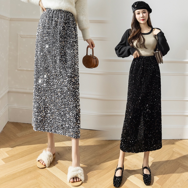 IELGY Chân Váy Nhung Dài Dáng Chữ a Lưng Thun Co Giãn Đính Kim Sa Lấp Lánh Thời Trang Cho Nữ