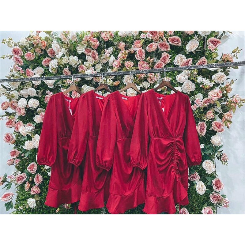 [11.11 Sale Freeship] Đầm tiểu thư nữ đi tiệc,đầm cổ V tay dài đuôi cá rút dây hông hai màu trắng đỏ kèm ảnh thật mtb