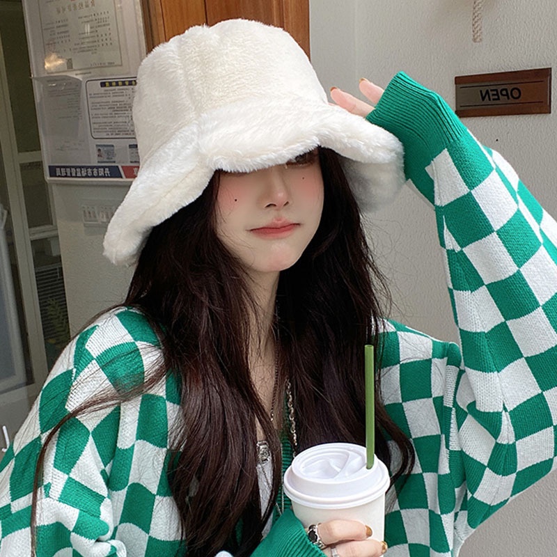 Mũ Bucket Lông Giả Mềm Mại Màu Trơn Giữ Ấm Mùa Đông Thời Trang Cho Nữ